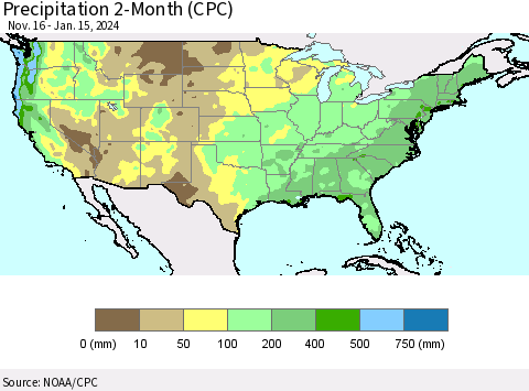 United States Precipitation 2-Month (CPC) Thematic Map For 11/16/2023 - 1/15/2024