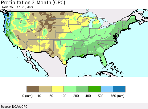 United States Precipitation 2-Month (CPC) Thematic Map For 11/26/2023 - 1/25/2024