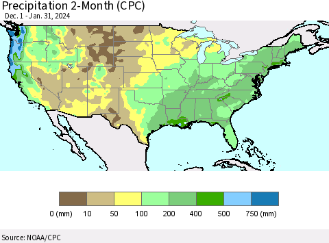 United States Precipitation 2-Month (CPC) Thematic Map For 12/1/2023 - 1/31/2024