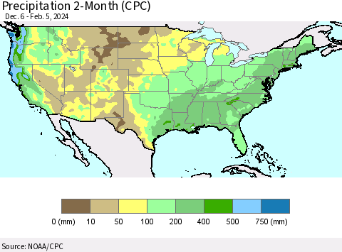 United States Precipitation 2-Month (CPC) Thematic Map For 12/6/2023 - 2/5/2024