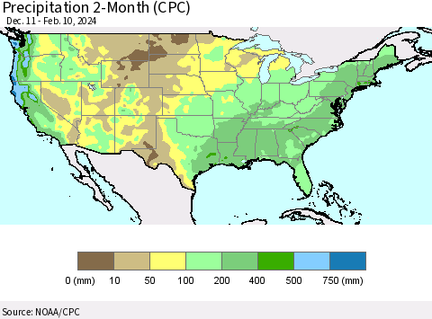 United States Precipitation 2-Month (CPC) Thematic Map For 12/11/2023 - 2/10/2024