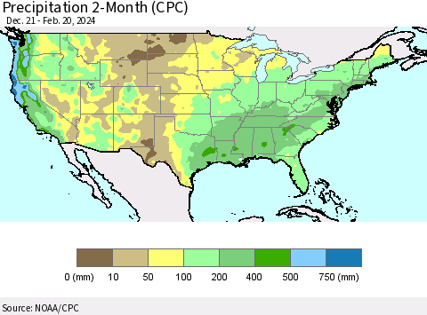 United States Precipitation 2-Month (CPC) Thematic Map For 12/21/2023 - 2/20/2024