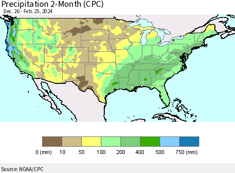 United States Precipitation 2-Month (CPC) Thematic Map For 12/26/2023 - 2/25/2024