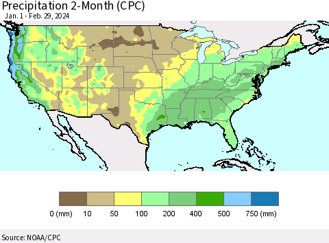 United States Precipitation 2-Month (CPC) Thematic Map For 1/1/2024 - 2/29/2024