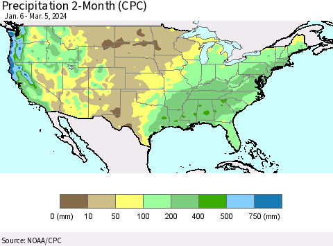 United States Precipitation 2-Month (CPC) Thematic Map For 1/6/2024 - 3/5/2024