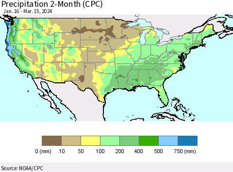 United States Precipitation 2-Month (CPC) Thematic Map For 1/16/2024 - 3/15/2024