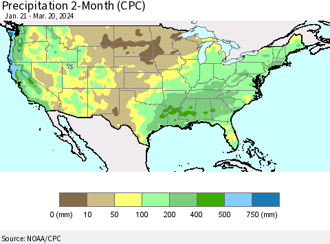 United States Precipitation 2-Month (CPC) Thematic Map For 1/21/2024 - 3/20/2024