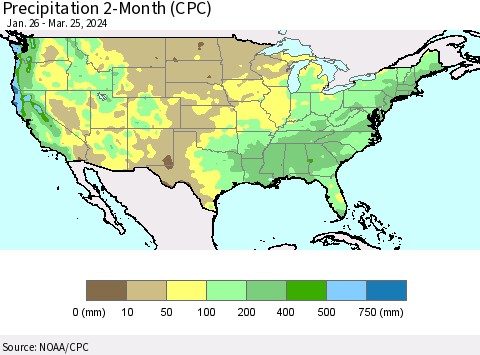 United States Precipitation 2-Month (CPC) Thematic Map For 1/26/2024 - 3/25/2024