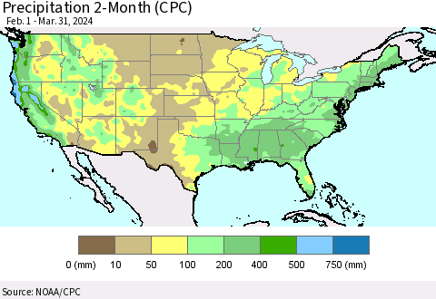 United States Precipitation 2-Month (CPC) Thematic Map For 2/1/2024 - 3/31/2024