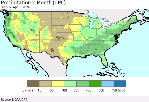 United States Precipitation 2-Month (CPC) Thematic Map For 2/6/2024 - 4/5/2024
