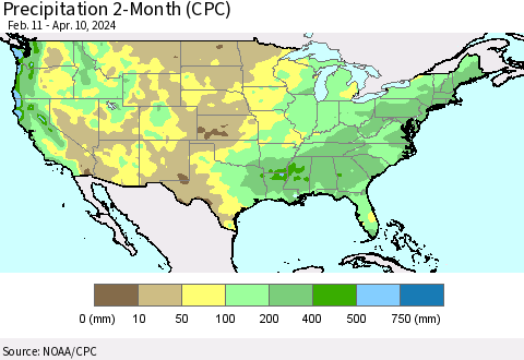 United States Precipitation 2-Month (CPC) Thematic Map For 2/11/2024 - 4/10/2024