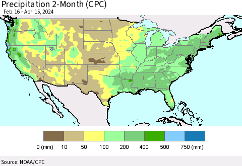 United States Precipitation 2-Month (CPC) Thematic Map For 2/16/2024 - 4/15/2024