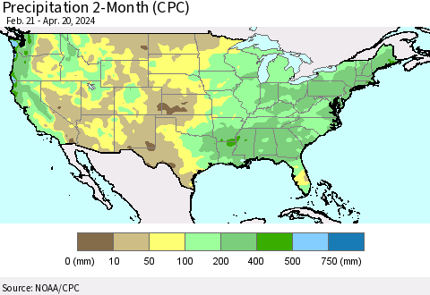 United States Precipitation 2-Month (CPC) Thematic Map For 2/21/2024 - 4/20/2024