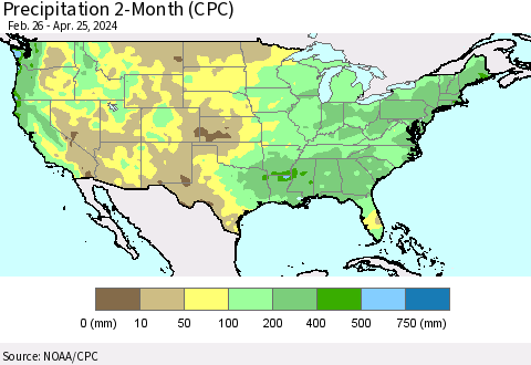 United States Precipitation 2-Month (CPC) Thematic Map For 2/26/2024 - 4/25/2024