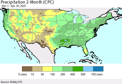 United States Precipitation 2-Month (CPC) Thematic Map For 3/1/2024 - 4/30/2024