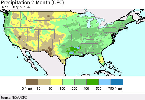United States Precipitation 2-Month (CPC) Thematic Map For 3/6/2024 - 5/5/2024