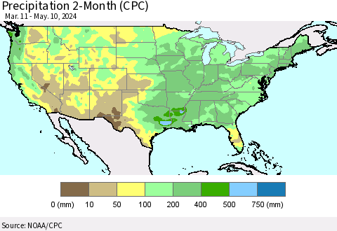United States Precipitation 2-Month (CPC) Thematic Map For 3/11/2024 - 5/10/2024