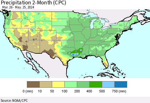 United States Precipitation 2-Month (CPC) Thematic Map For 3/26/2024 - 5/25/2024