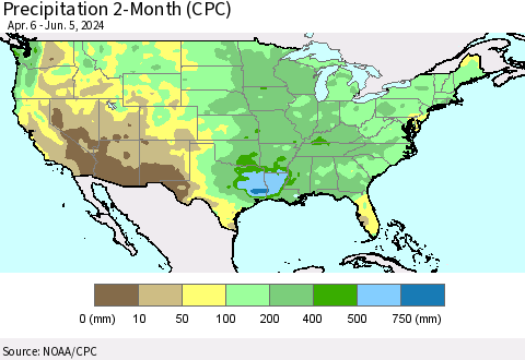 United States Precipitation 2-Month (CPC) Thematic Map For 4/6/2024 - 6/5/2024