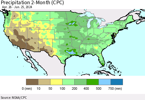 United States Precipitation 2-Month (CPC) Thematic Map For 4/26/2024 - 6/25/2024