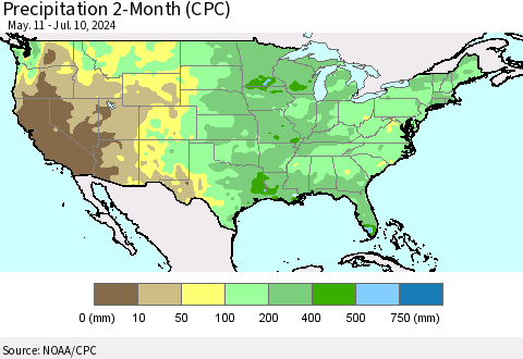 United States Precipitation 2-Month (CPC) Thematic Map For 5/11/2024 - 7/10/2024