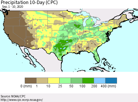 United States Precipitation 10-Day (CPC) Thematic Map For 9/1/2020 - 9/10/2020