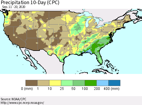 United States Precipitation 10-Day (CPC) Thematic Map For 9/11/2020 - 9/20/2020
