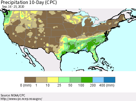 United States Precipitation 10-Day (CPC) Thematic Map For 9/16/2020 - 9/25/2020