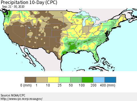 United States Precipitation 10-Day (CPC) Thematic Map For 9/21/2020 - 9/30/2020