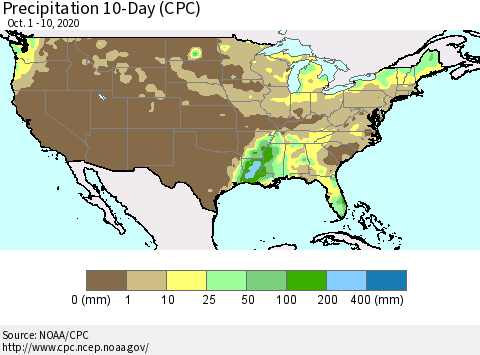 United States Precipitation 10-Day (CPC) Thematic Map For 10/1/2020 - 10/10/2020