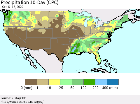 United States Precipitation 10-Day (CPC) Thematic Map For 10/6/2020 - 10/15/2020