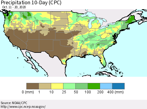 United States Precipitation 10-Day (CPC) Thematic Map For 10/11/2020 - 10/20/2020