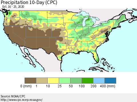 United States Precipitation 10-Day (CPC) Thematic Map For 10/16/2020 - 10/25/2020