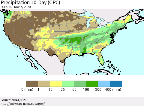 United States Precipitation 10-Day (CPC) Thematic Map For 10/26/2020 - 11/5/2020