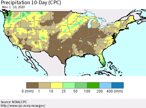United States Precipitation 10-Day (CPC) Thematic Map For 11/1/2020 - 11/10/2020