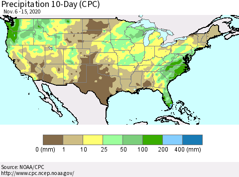 United States Precipitation 10-Day (CPC) Thematic Map For 11/6/2020 - 11/15/2020