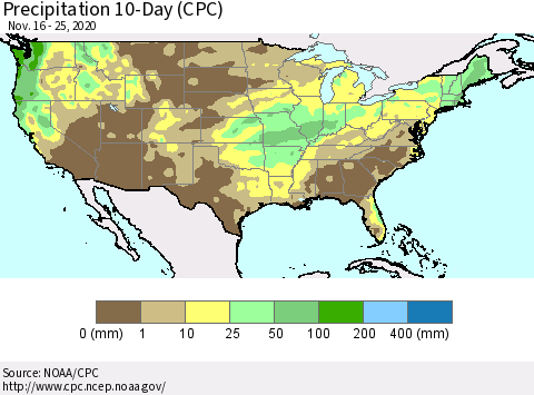 United States Precipitation 10-Day (CPC) Thematic Map For 11/16/2020 - 11/25/2020