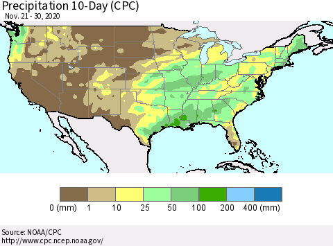 United States Precipitation 10-Day (CPC) Thematic Map For 11/21/2020 - 11/30/2020