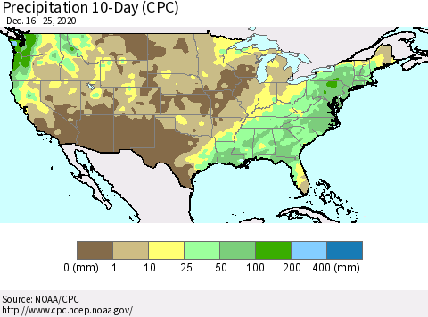 United States Precipitation 10-Day (CPC) Thematic Map For 12/16/2020 - 12/25/2020