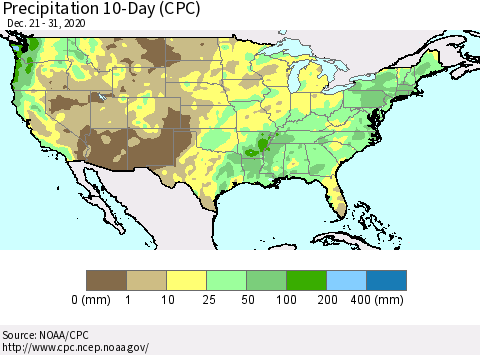 United States Precipitation 10-Day (CPC) Thematic Map For 12/21/2020 - 12/31/2020