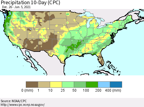 United States Precipitation 10-Day (CPC) Thematic Map For 12/26/2020 - 1/5/2021