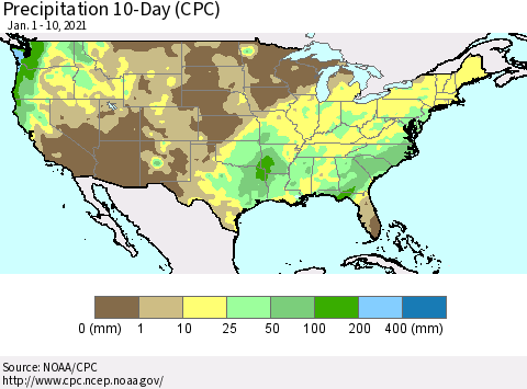United States Precipitation 10-Day (CPC) Thematic Map For 1/1/2021 - 1/10/2021