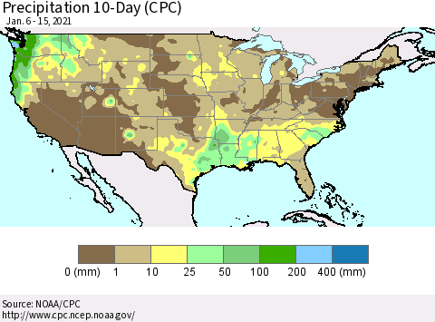 United States Precipitation 10-Day (CPC) Thematic Map For 1/6/2021 - 1/15/2021