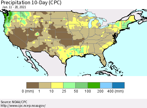 United States Precipitation 10-Day (CPC) Thematic Map For 1/11/2021 - 1/20/2021