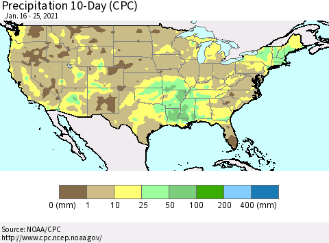 United States Precipitation 10-Day (CPC) Thematic Map For 1/16/2021 - 1/25/2021