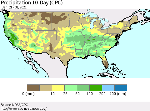 United States Precipitation 10-Day (CPC) Thematic Map For 1/21/2021 - 1/31/2021