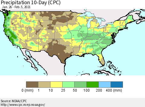 United States Precipitation 10-Day (CPC) Thematic Map For 1/26/2021 - 2/5/2021