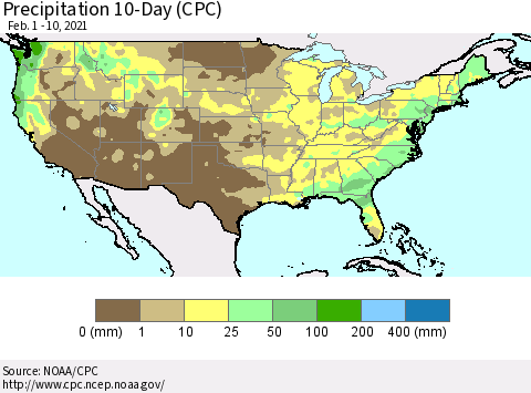 United States Precipitation 10-Day (CPC) Thematic Map For 2/1/2021 - 2/10/2021