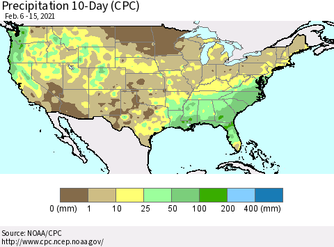 United States Precipitation 10-Day (CPC) Thematic Map For 2/6/2021 - 2/15/2021