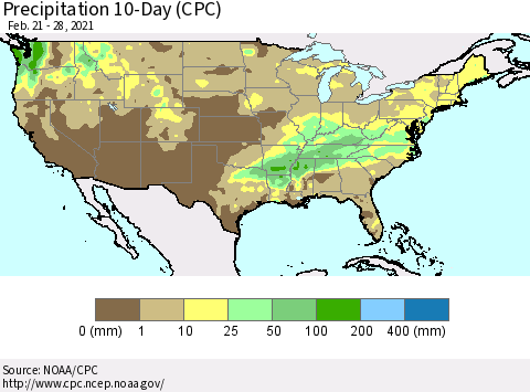 United States Precipitation 10-Day (CPC) Thematic Map For 2/21/2021 - 2/28/2021